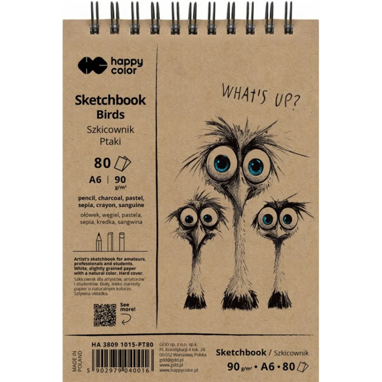 Szkicownik na spirali PTAKI biały A6/80 arkuszy 90 g - Happy Color