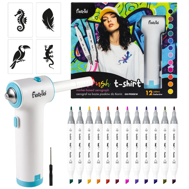 Zestaw airbrush Pistolet + markery do tkanin Fiorello 3.jpeg